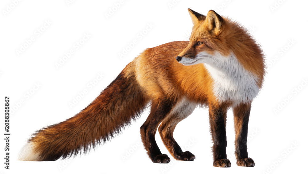 Fototapeta premium Red fox with bushy tail and white chest, isolated on transparent background