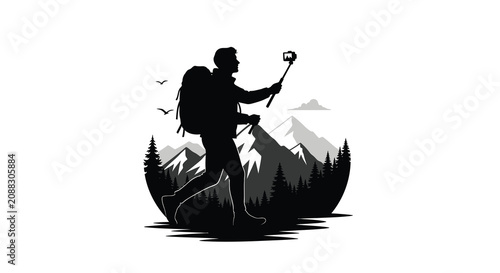 Foto Silhouette of hiker with backpack and selfie stick against mountain range