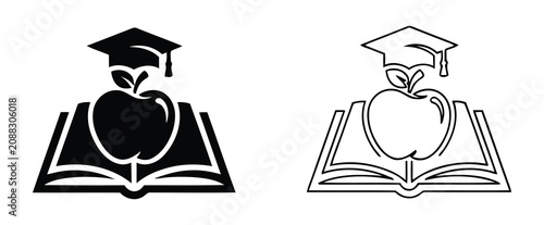 Фотография Conceptual illustration of education with solid and outline apple and book icons on black background
