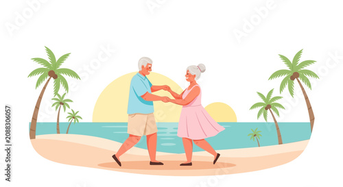 Tropical beach paradise with colorful beach chairs and umbrella.