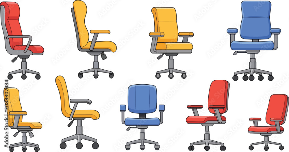 Fototapeta premium A collection of colorful office chairs are displayed against a white background.