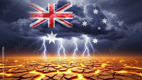 Conceptual image of australia climate change with dry cracked earth and lightning storm