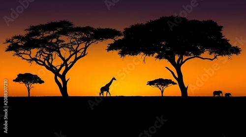 Stunning African savanna sunset with giraffe silhouette and acacia trees.