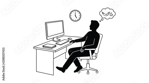 Фотография Silhouette of person at desk with computer clock and daydream on white backgroun