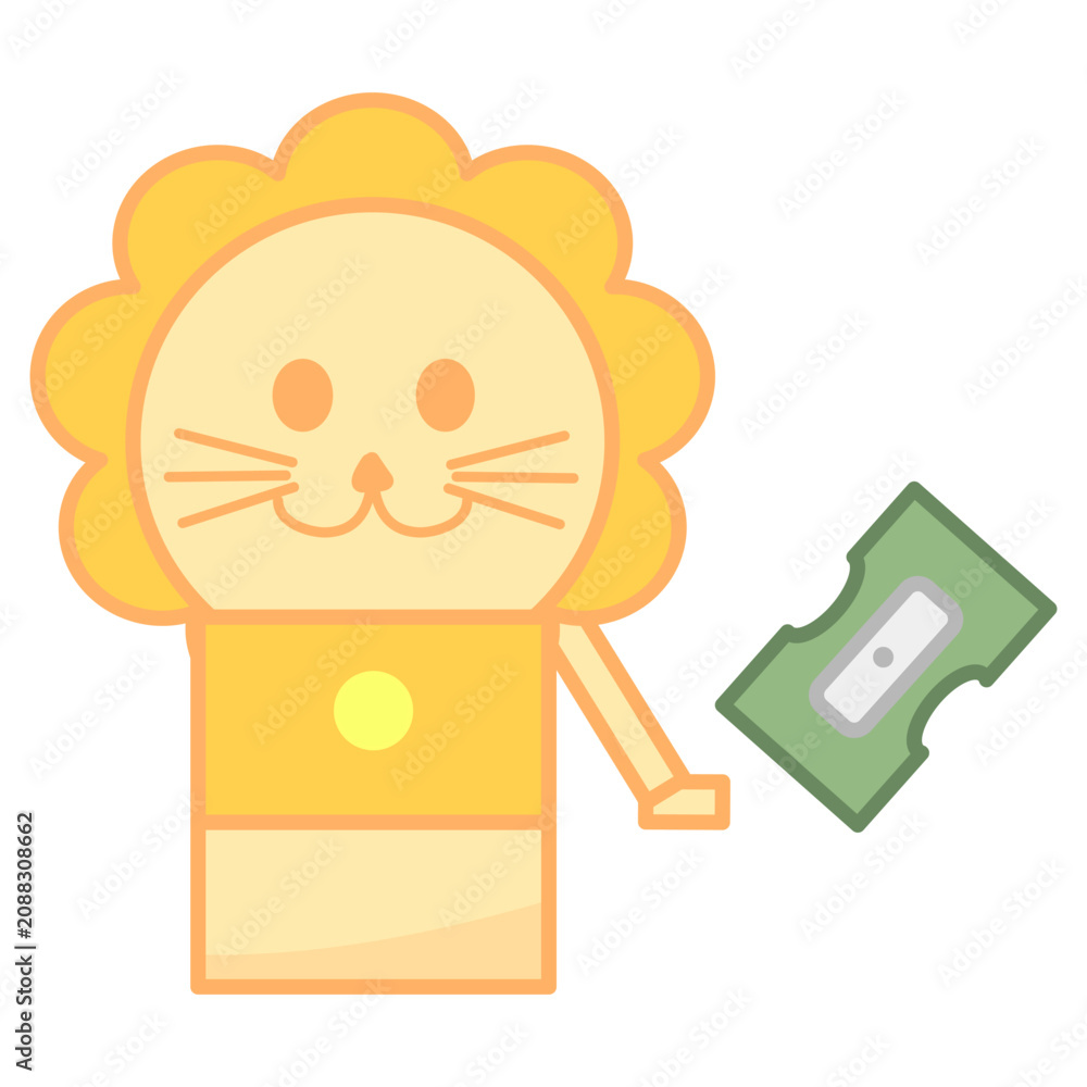 Fototapeta premium Lion orange and Small green manual pencil sharpener illustration