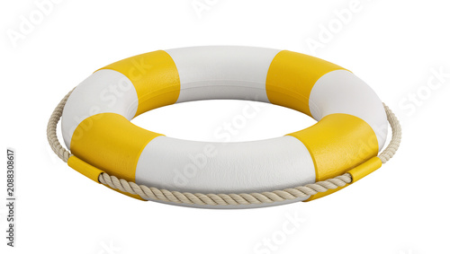 Foto Yellow and white life preserver ring with rope, isolated on transparent backgrou