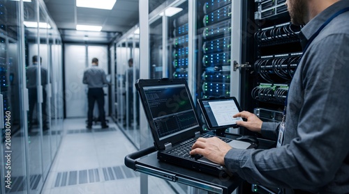 It technician performing maintenance on server racks in a data center, using a laptop and tablet, illustrating data center operations and network infrastructure management