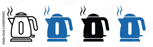 Cuadro en lienzo Electric kettle icon set, line art, solid black, blue water boiler symbols, kitchen appliance icons, tea and coffee preparation, vector illustration