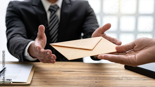 Businessperson in suit hands envelope across a desk to another person