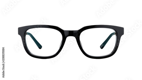 Tableau sur toile Thick black acetate eyeglasses with teal temples, isolated on transparent backgr