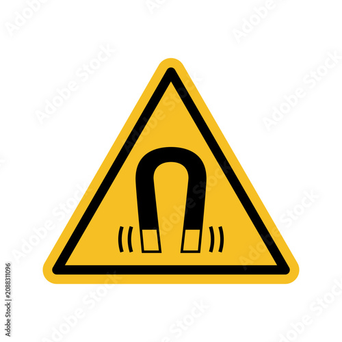 Hazard warning sign Magnetic field black yellow triangle. Vector illustration
