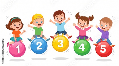A cheerful cartoon illustration of five happy children jumping and bouncing joyfully on colorful space hopper balls numbered from one to five, isolated on a solid white background.