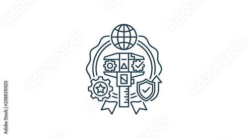 Quality Control Icon: Caliper, Globe, Gear, Shield - Precision Engineering