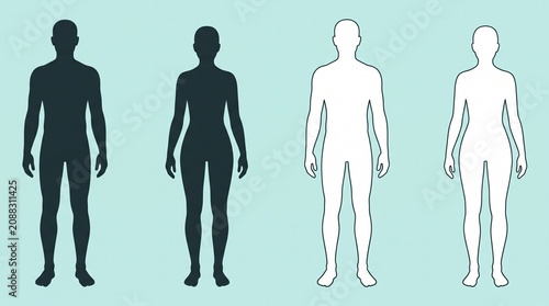 A minimalist vector graphic presenting a comparison row of four full-body human silhouettes, featuring a male and female pair in solid dark grey and another pair in white outline on a light blue backg