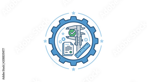 Quality Control Icon: Caliper, Ruler, Document, Gear - Precision Engineering
