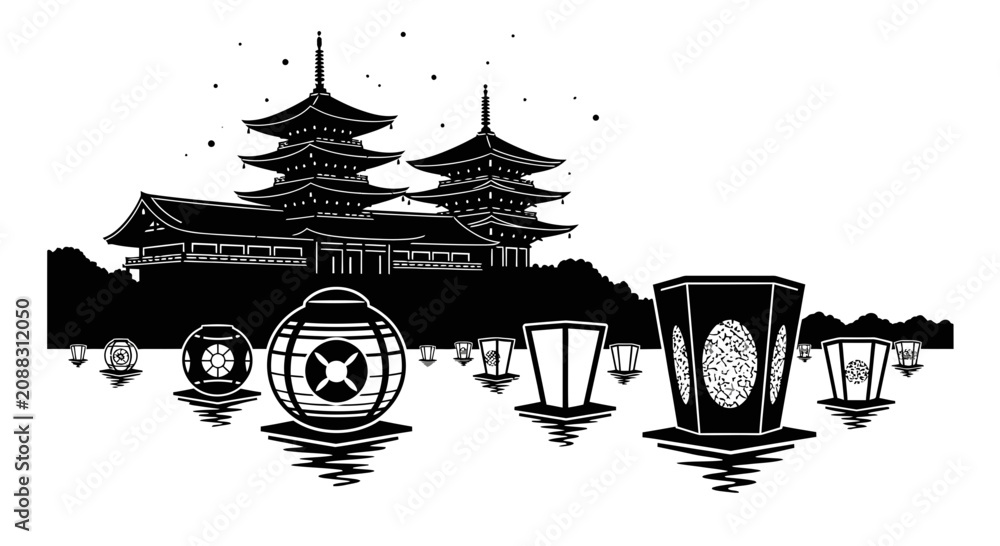 Fototapeta premium Japanese Temple Silhouette with Floating River Lanterns