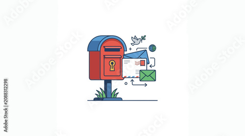 Red Mailbox with Letters and Dove - Postal Service Communication Concept