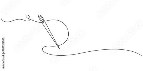 Obraz na plátně Sewing needle continuous one line drawing vector art illustration, Minimalist sewing needle with flowing thread in curvy line art