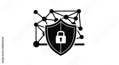 Network security shield with padlock black silhouette on white background