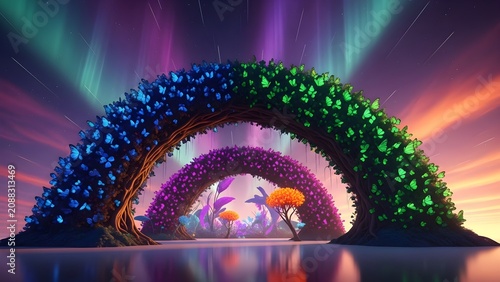 Fantasy garden archway under colorful northern lights in magical night scenery