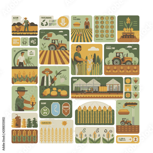 Agricultural process icons showing farming and processing stages agriculture harvest