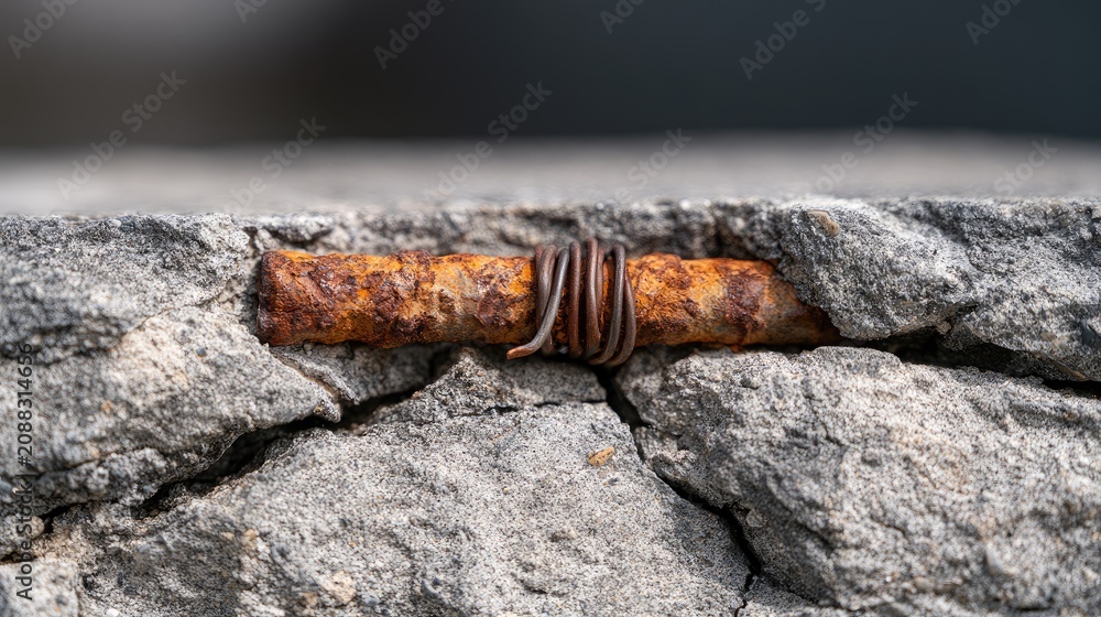 Fototapeta premium Close-up of rusted metal bar protruding from cracked concrete