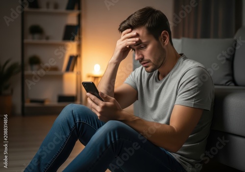 Depressed Man Feeling Anxious and Stressed While Checking Bad News on Mobile Phone at Home