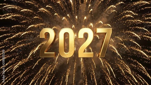  Golden 3D 2027 text with spectacular sparkling golden fireworks exploding on a black background.