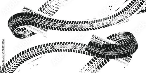 Tableau sur toile Black tire tracks with distressed grunge texture and abstract text on white back
