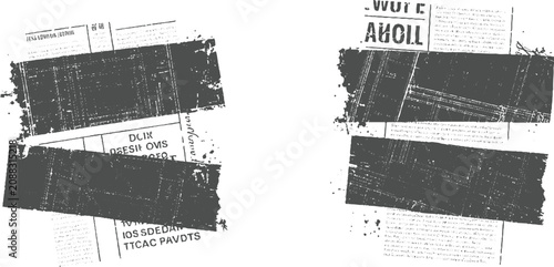 Fotografie Two newspapers with dark grey rectangular blocks obscuring text obscured blocked