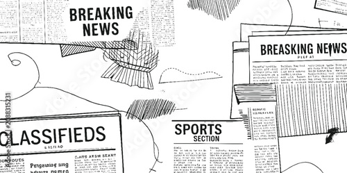 Collage of newspaper clippings featuring breaking news sports and classifieds sections with hand drawn