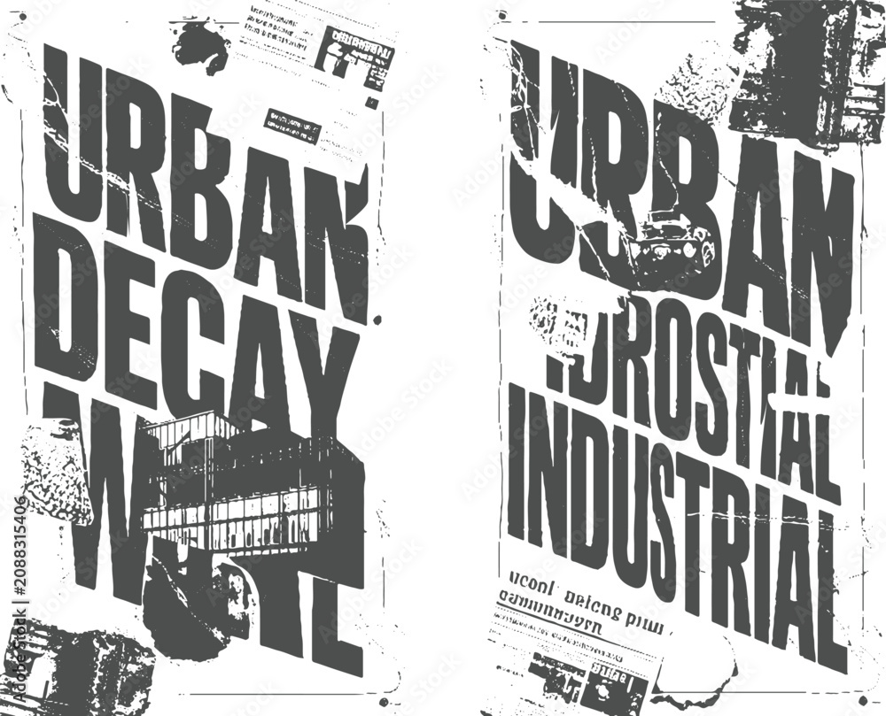 Obraz premium Urban decay industrial grunge collage with distressed text and building silhouettes