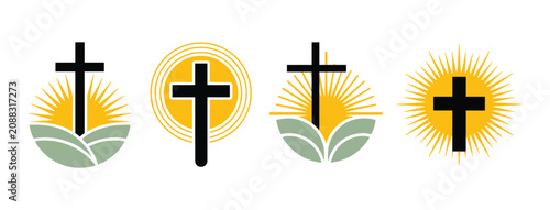 Canvastavla Christian Cross Symbols with Sunrise: A collection of stylized Christian crosses, each accompanied by a radiant sun or sunrise motif, symbolizing hope, faith, and spiritual awakening