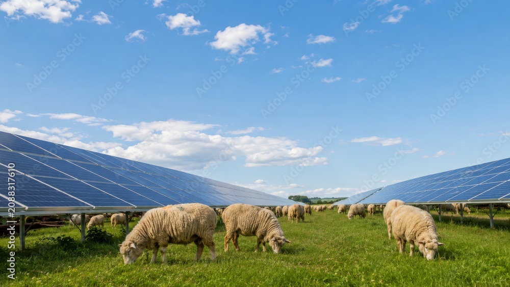 Fototapeta premium Sheep graze among solar panels under a big blue sky wide pastoral view