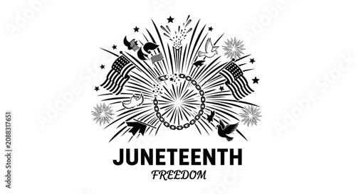 Juneteenth Celebration Illustration with Broken Chains and Fireworks