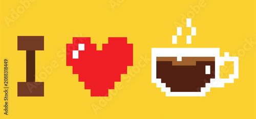 Tableau sur toile Pixelated Love for Coffee and Fitness: A playful pixel art graphic featuring a dumbbell, a red heart, and a steaming cup of coffee, symbolizing a love for an active lifestyle and a warm beverage