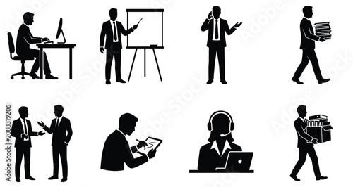 Business people silhouettes set featuring office work presentation customer support and corporate communication actions