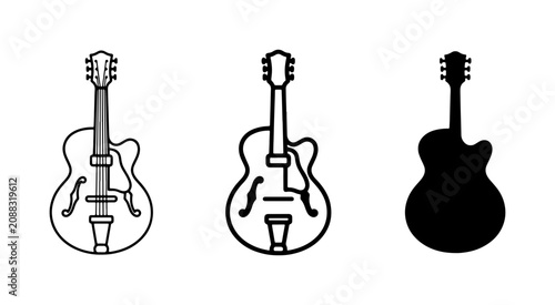 Photography Electric Guitar Icons, Musical Instrument Vector Set, Jazz Guitar Silhouettes