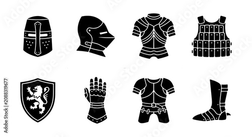Fotografie Medieval Knight Armor Icons, Historical Warrior Gear Set, Black Silhouette Vecto