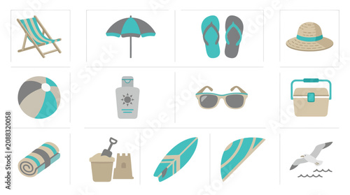Foto Minimalist Flat Icons Set of Beach and Summer Essentials with Light Blue Gray an