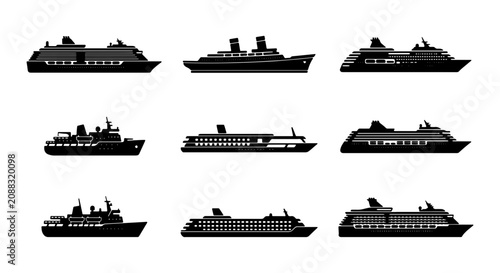 Obraz na plátně Cruise Ship Silhouettes, Ocean Liner Icons, Maritime Transport Collection