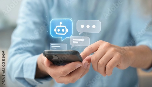 Person using a smartphone with a digital chatbot icon and chat bubbles appearing on the screen to represent artificial intelligence communication and customer service support