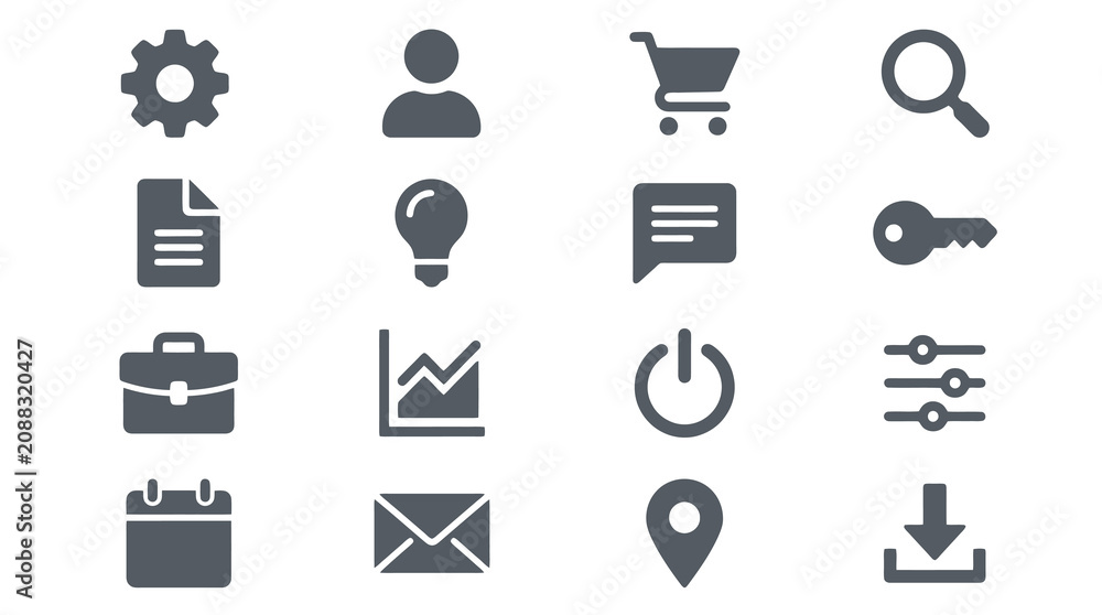 Fototapeta premium Industrial Style Icons Set Minimalist Gray Gear User Shopping Cart Magnifying Glass Document Lightbulb Speech Bubble Key Briefcase Chart Power Button Network Calendar Email Location Pin Download Arrow