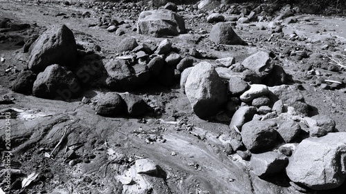 Quadro su tela Monochrome eroded rocky ground with boulders, dry leaves, gritty sand, and rough natural riverbed texture