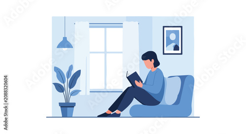 Konstfotografi A person sits comfortably on a soft bean bag chair, engrossed in reading a book within a minimalist blue-toned room with a window