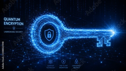 Quantum encryption digital key, glowing blue cyber security concept, unbreakable data protection technology, futuristic network safety background