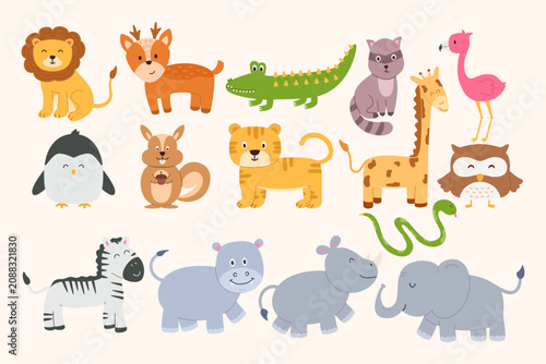 Photography Cute Woodland and Safari Animals Vector Set, Cartoon Lion, Fox, Crocodile, Cat,