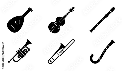 Bild auf Leinwand Musical Instruments Icons, Vector Set: Strings, Brass, Woodwind