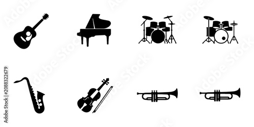 Canvas Print Musical Instruments Icons Set: Guitar, Piano, Drums, Saxophone, Violin, Trumpet