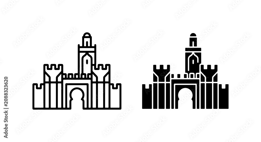 Fototapeta premium Moroccan Architecture Icons, Islamic Castle Gate, Traditional Landmark Vector